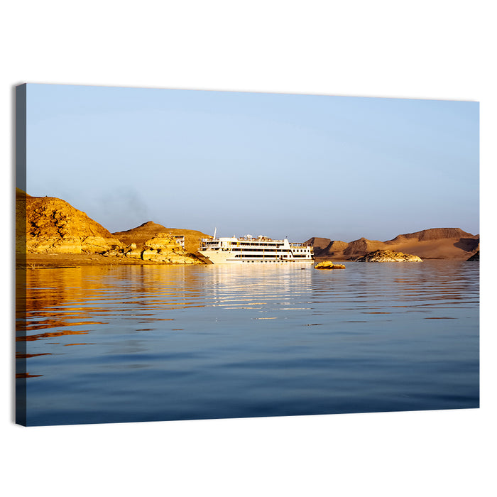 Lake Nasser Cruise Ship at Golden Hour Wall Art as a canvas print
