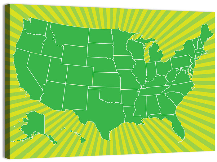 Green Sunburst USA Map Wall Art as a canvas print