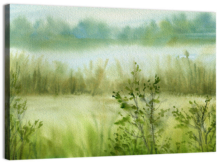 Misty River Meadow Watercolor Wall Art as a canvas print