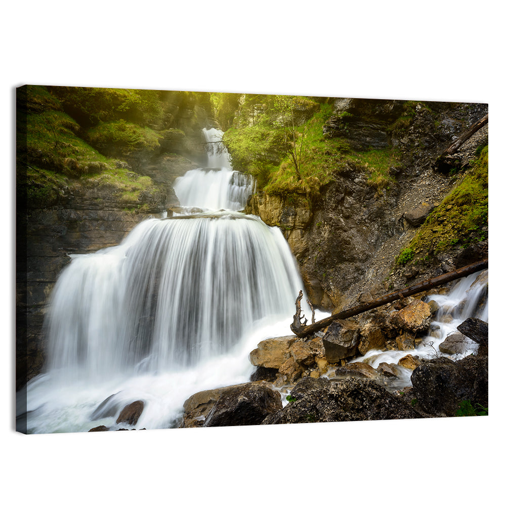 White Cascade Over Mossy Rocks Wall Art, canvas print, landscape