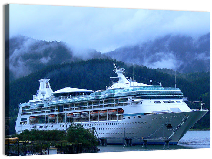 Misty Docked Cruise Ship Wall Art as a canvas print