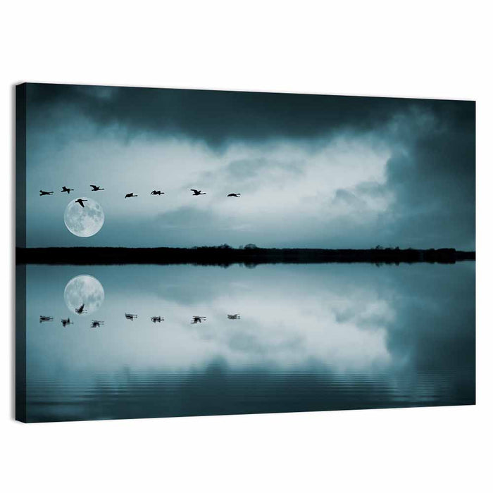 Moonlit Flock Over Lake Wall Art as a canvas print