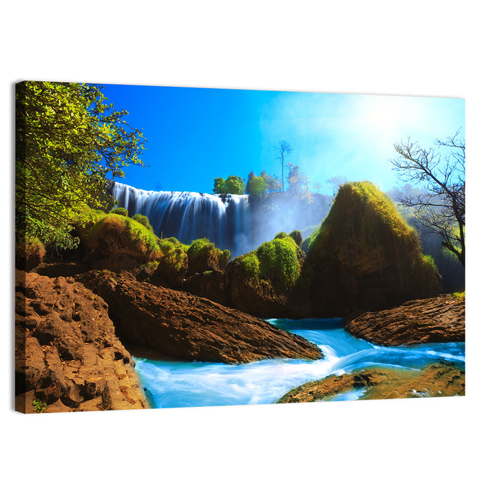 Sunlit Turquoise Waterfall Wall Art as a canvas print