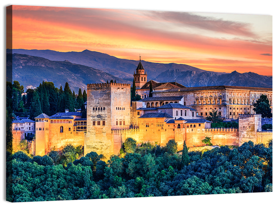Alhambra Fortress at Golden Sunset Wall Art, canvas print, landscape