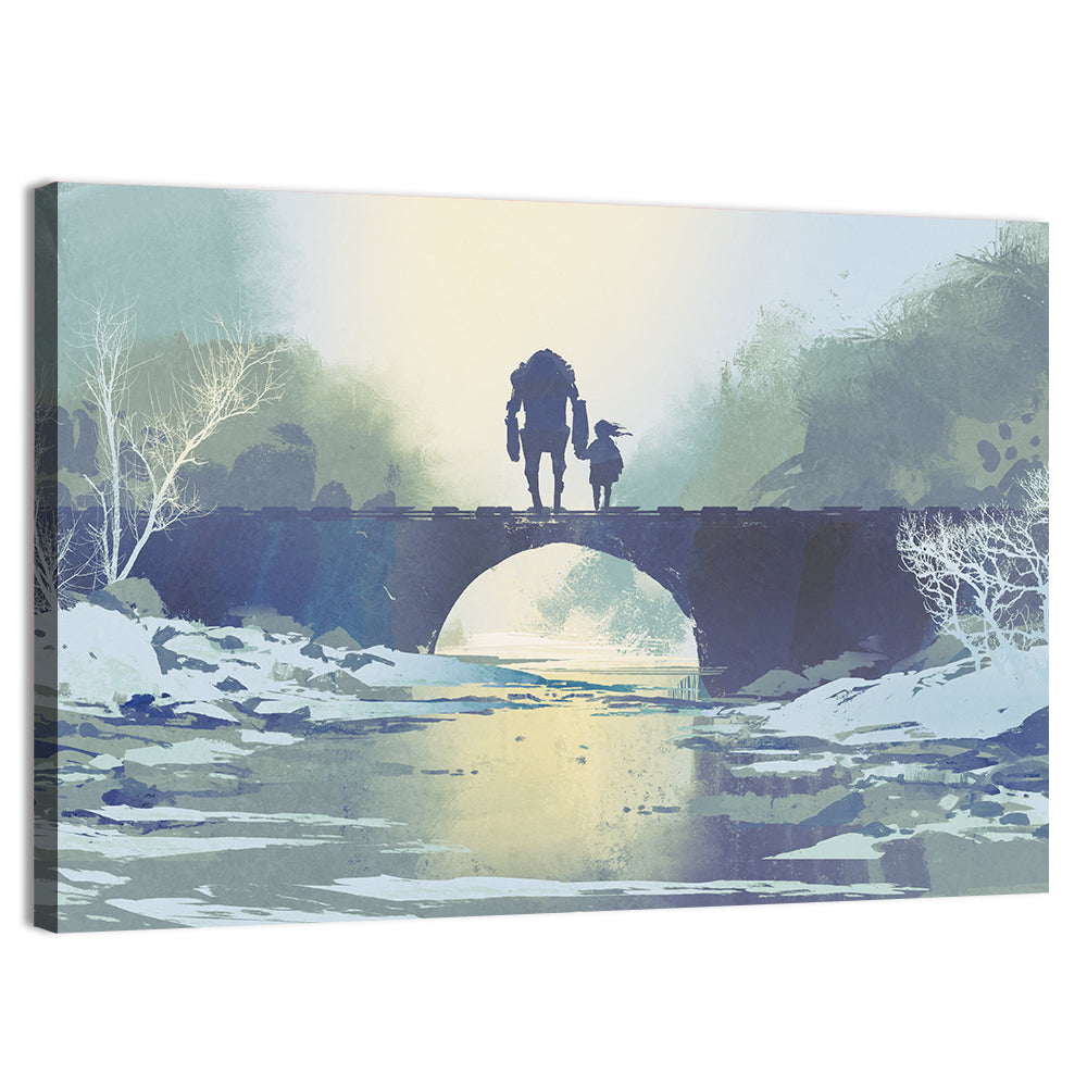 Robot and Little Girl on Bridge Wall Art, canvas print, landscape