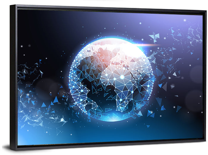 Wireframe Globe Network Wall Art as a framed canvas