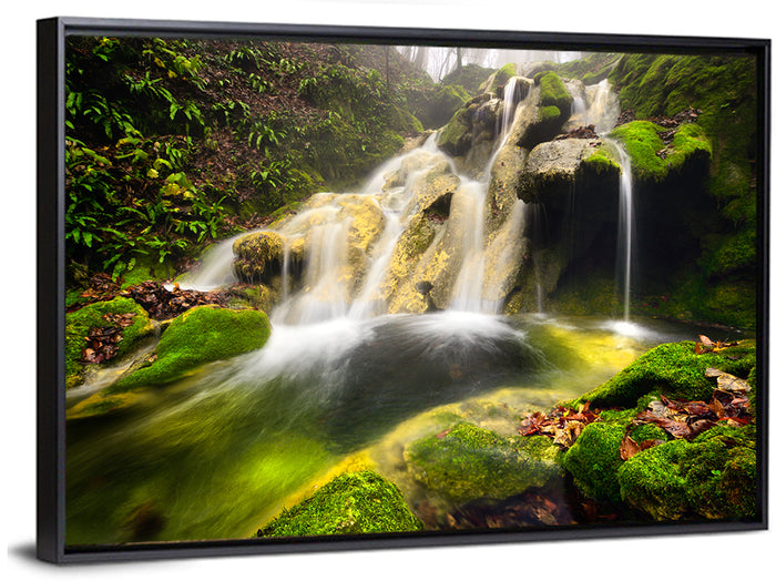 Cheile Nerei Mossy Waterfall Wall Art as a framed canvas