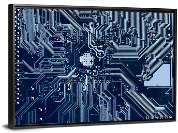 Blue Circuit Board Wall Art as a framed canvas