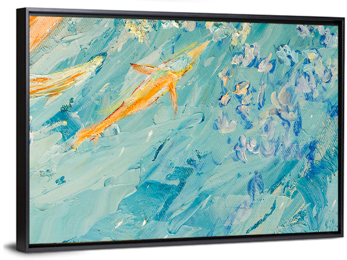 Koi in Blue Abstract Wall Art as a framed canvas