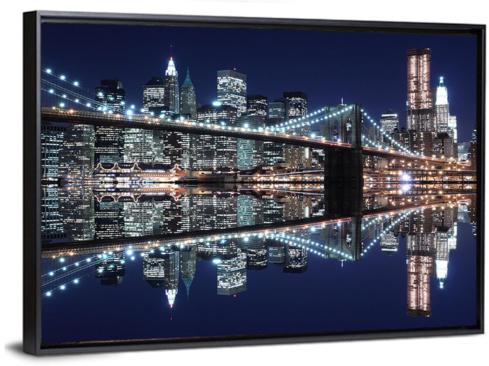 Brooklyn Bridge Symphony at Night Wall Art as a framed canvas