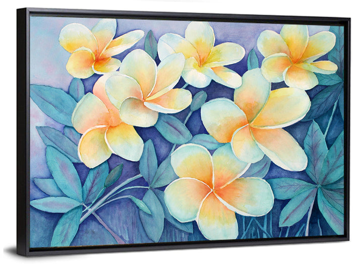 Watercolor Frangipani Cluster Wall Art as a framed canvas