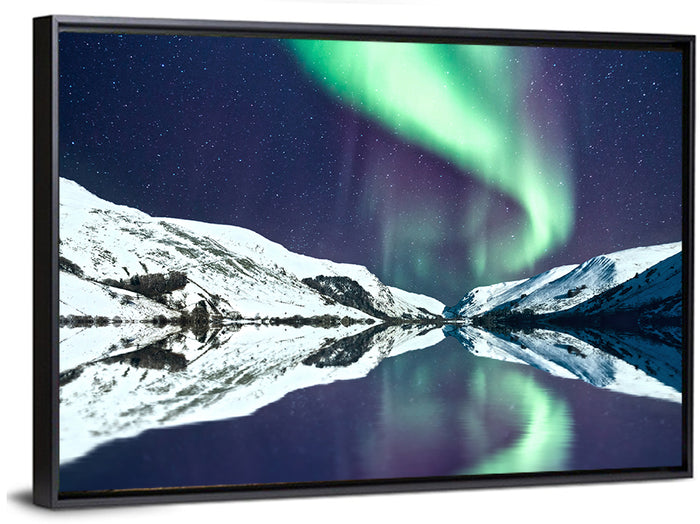 Emerald Aurora Over Mirror Lake Wall Art as a framed canvas