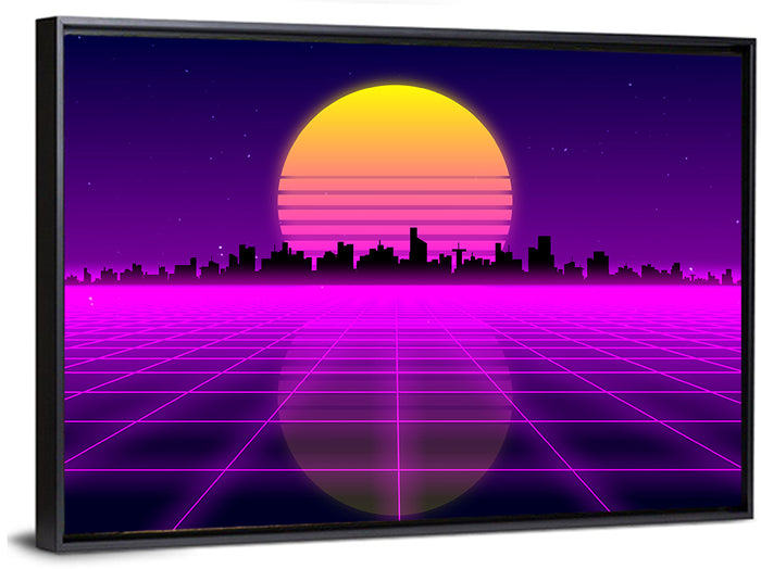 Neon Sunrise Skyline Wall Art as a framed canvas