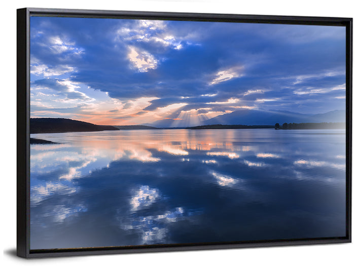 Cloudy Summer Lake Wall Art as a framed canvas