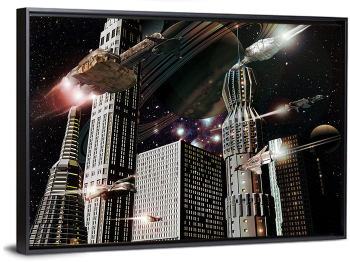 Ringed Planet Cityscape Wall Art as a framed canvas