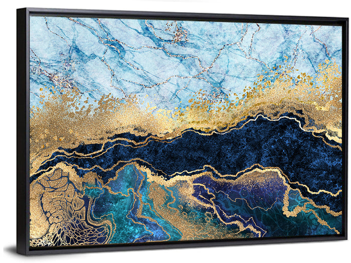 Blue Marble with Gold Veins Wall Art as a framed canvas