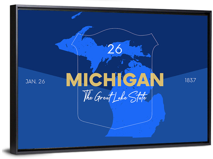 Michigan Shield Map Graphic Wall Art as a framed canvas