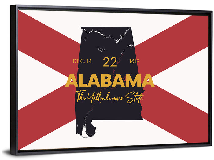 Alabama Map Over State Flag Wall Art as a framed canvas