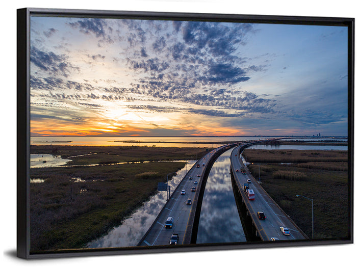Mobile Bay Bridge at Sunset Wall Art as a framed canvas