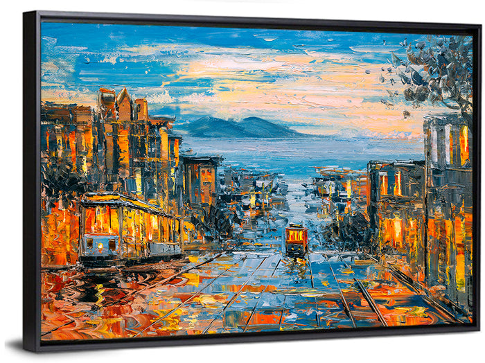 San Francisco Cable Car at Dusk Wall Art as a framed canvas