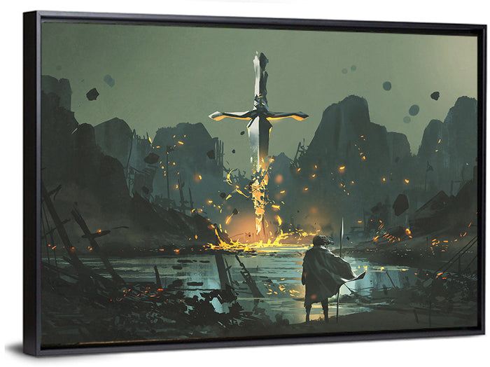 Melting Sword with Cloaked Traveler Wall Art as a framed canvas