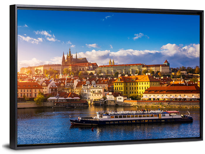 Prague Castle Golden Hour River View Wall Art as a framed canvas