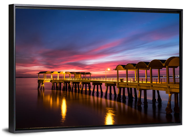 Twilight on Jekyll Island Pier Wall Art as a framed canvas