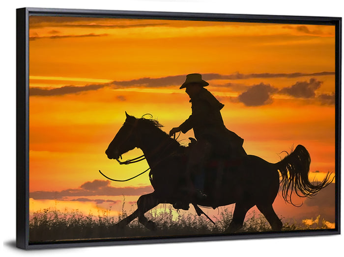 Cowboy and Horse at Sunset Wall Art as a framed canvas