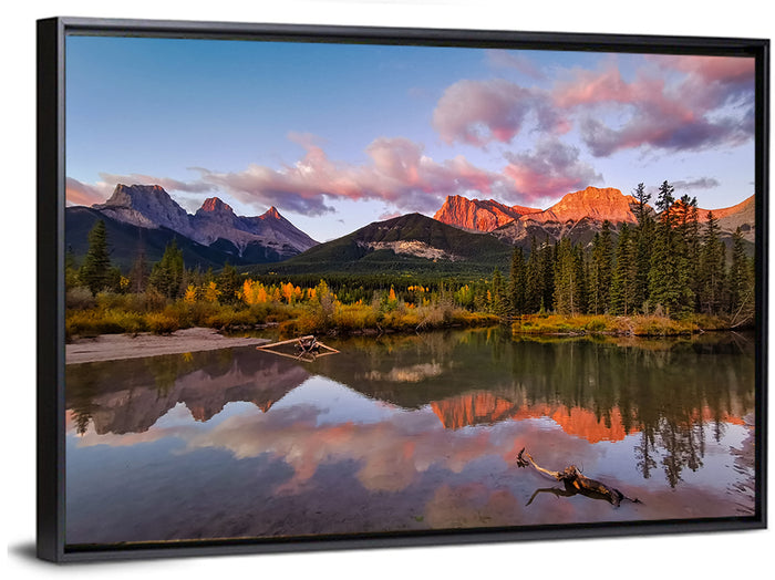 Three Sisters Mountains Wall Art as a framed canvas