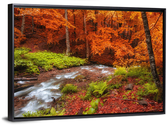 Autumn Forest Stream Wall Art as a framed canvas