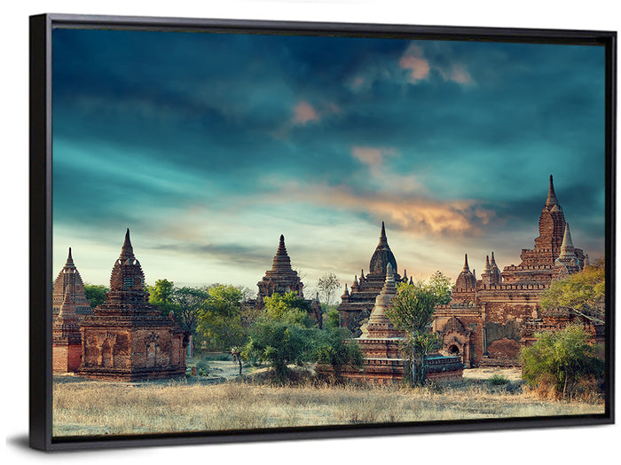 Bagan Ancient Pagodas at Sunrise Wall Art as a framed canvas