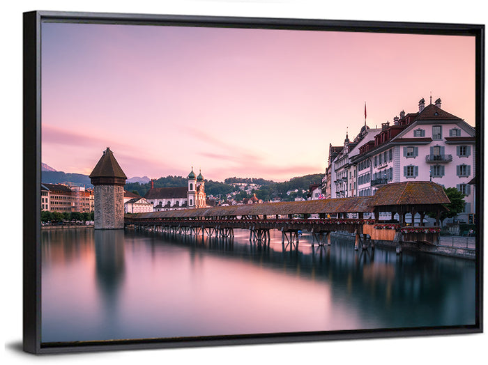 Lucerne Chapel Bridge at Dusk Wall Art as a framed canvas