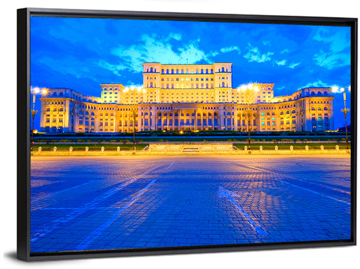 Palace of the Parliament at Twilight Wall Art as a framed canvas