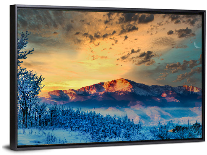 Pikes Peak Golden Sunset Wall Art as a framed canvas