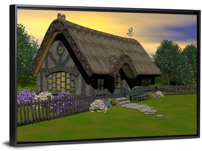 Country Cottage with Thatched Roof Wall Art as a framed canvas