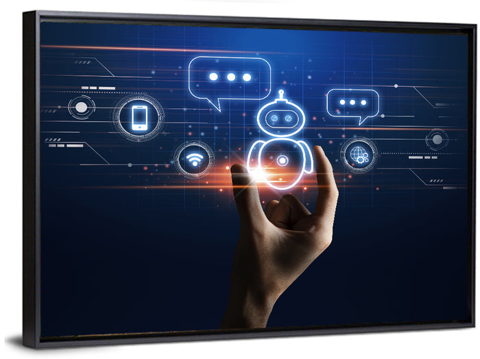 Hand Holding Robotic Assistant Icon Wall Art as a framed canvas
