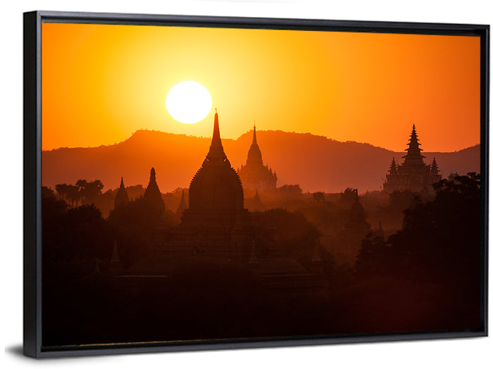 Bagan Pagodas at Sunset Wall Art as a framed canvas
