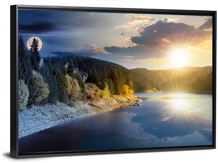 Autumn Mountain Lake Wall Art as a framed canvas