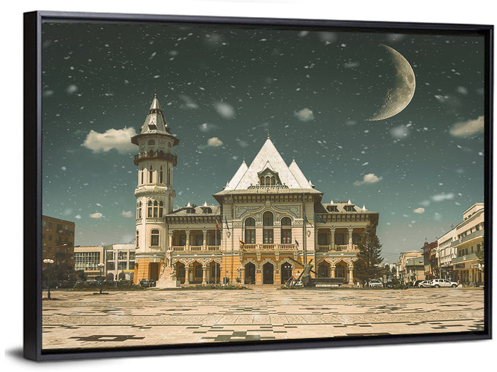 Buzău City Hall Nightscape Wall Art as a framed canvas
