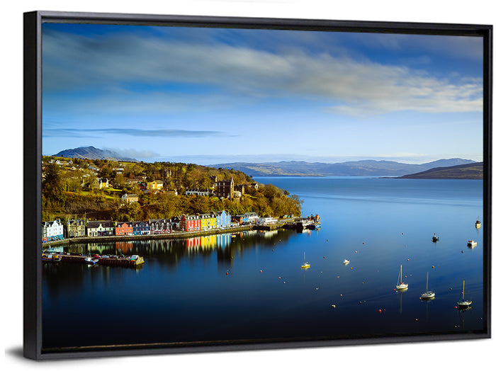 Portree Harbour Colorful Houses Wall Art as a framed canvas