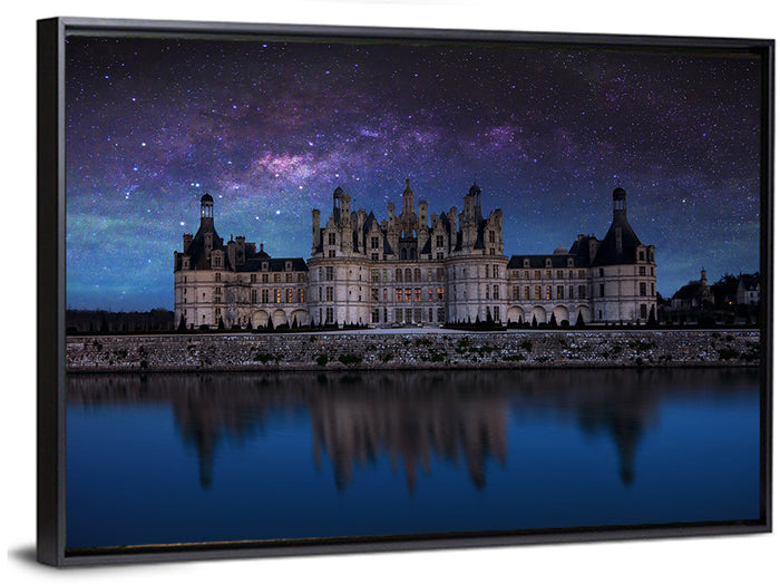 Château De Chambord Night Reflection Wall Art as a framed canvas