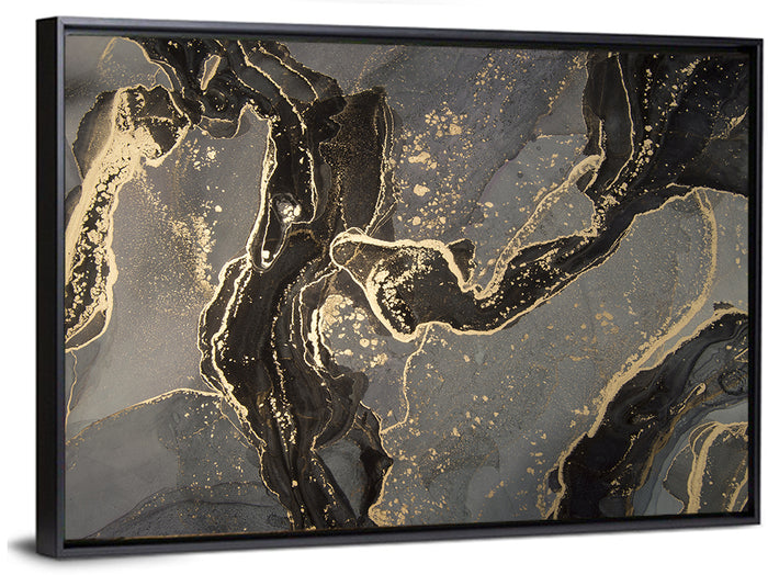 Black and Gold Marbled Abstract Wall Art as a framed canvas