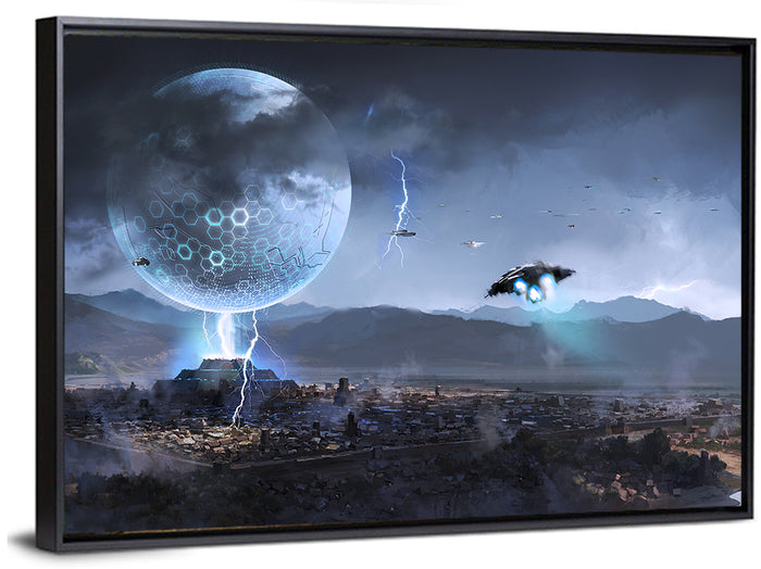 Alien Planet Cityscape with Spaceships Wall Art as a framed canvas