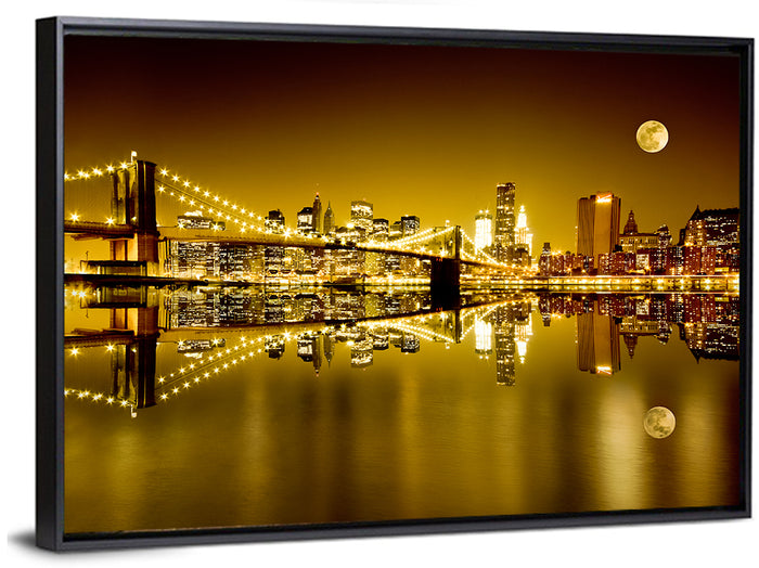 Brooklyn Bridge Moonlit Reflection Wall Art as a framed canvas