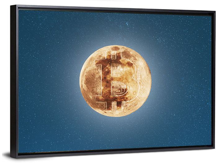 Bitcoin Circuit Moon Wall Art as a framed canvas