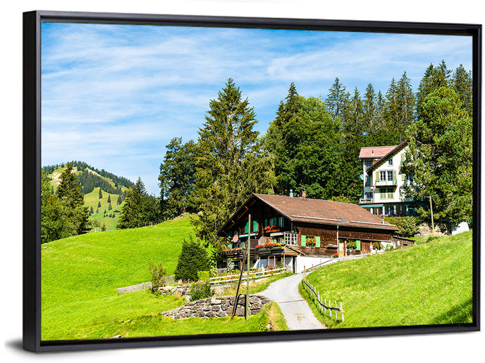 Wengen Alpine Chalet Path Wall Art as a framed canvas