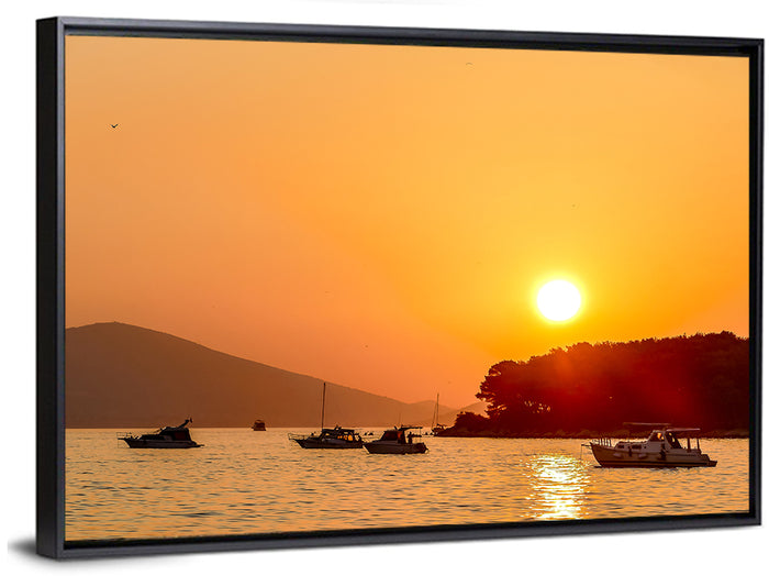 Golden Harbor Sunset Wall Art as a framed canvas