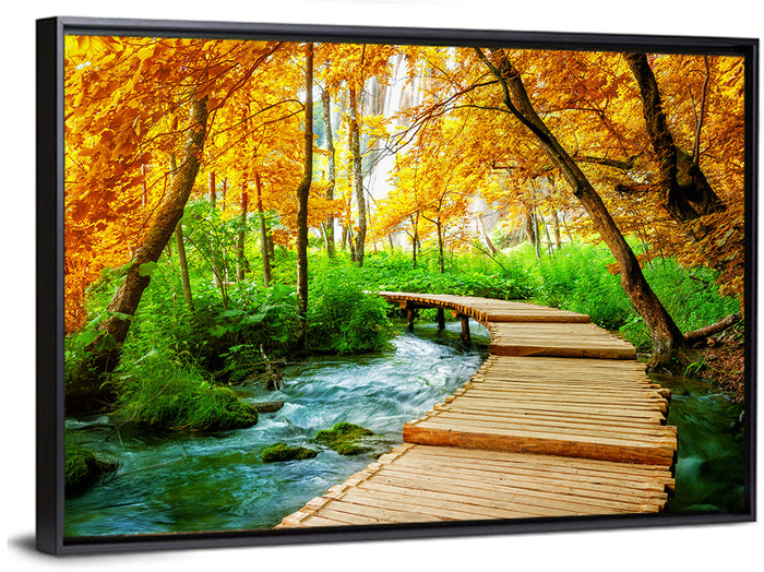 Plitvice Autumn Boardwalk Wall Art as a framed canvas