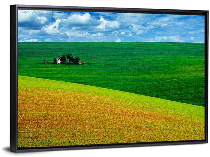 Golden Field and Green Hillside Wall Art as a framed canvas