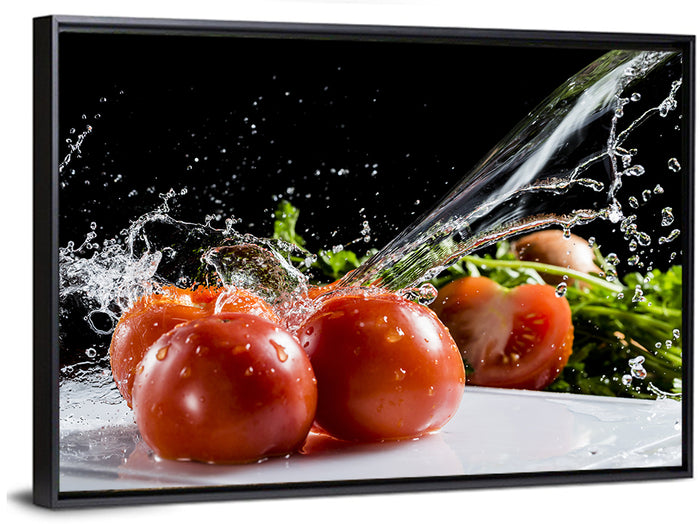 Tomatoes with Water Splash Wall Art as a framed canvas